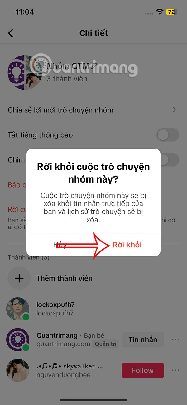 Rời nhóm chat TikTok vĩnh viên
