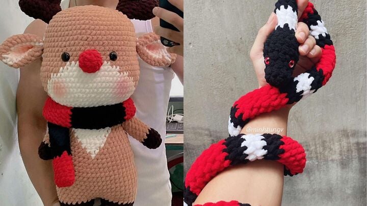 Mỗi sản phẩm Tùng làm ra đều rất sinh động, tỉ mỉ đến chi tiết nhỏ nhất. Chẳng hạn như khi móc con rắn, anh muốn đảm bảo các khoảng màu phải bằng nhau.