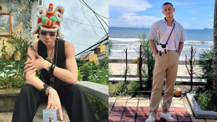 Chàng 9x điển trai mê móc len. Chiếc mũ ngộ nghĩnh Tùng đội và chiếc túi anh đeo ở ảnh trái đều được anh móc bằng len.