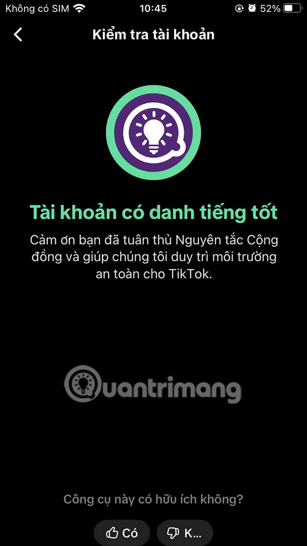 Thông báo tình trạng tài khoản TikTok