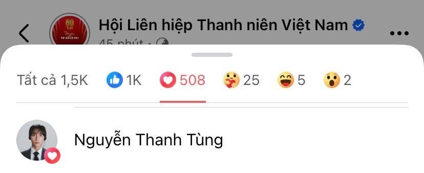 Sơn Tùng đã thả tim vào bài đăng gốc do fanpage Hội Liên hiệp Thanh niên Phụ nữ Sơn Tùng đã thả tim vào bài đăng gốc do fanpage Hội Liên hiệp Thanh niên Phụ nữ